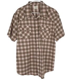 Mutual Weave Mens Plaid Short Sleeve Pearl Snap Western Shirt Brown White Sz XXL